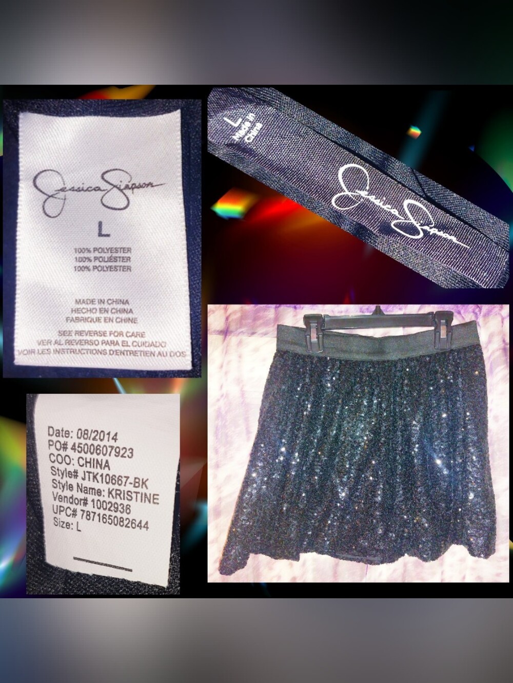 Jessica Simpson brand 'Kristine' Black Sequin A-Line Mini Skirt Sz Large